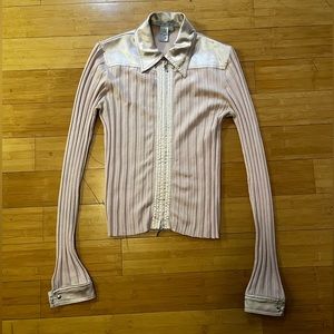 Vintage Cabi Pink Zip Ribbed Sweater with Satin Details